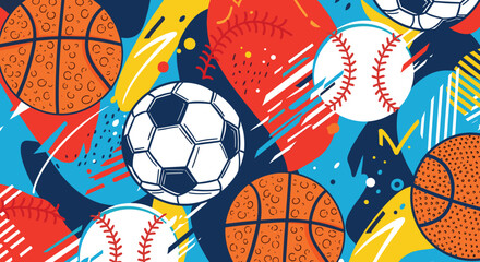 A vibrant and dynamic seamless pattern with an abstract background, featuring various sports balls like basketballs, soccer balls, and baseballs.