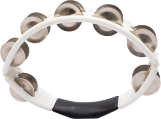 White tambourine with metal jingles isolated on transparent background for product use. Concept of rhythm teaching, dance classes, music promos, school materials, catalog visuals, performance gear.