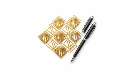 Elegant gold paperclips arranged with a sleek black pen, ideal for sophisticated business presentations, creative office designs, and professional marketing materials