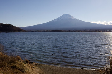 View of landscape fuji mountain in winter at Lake Kawaguchi