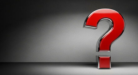 Red, metallic question mark on gray background, representing inquiry, uncertainty, or a need for information, suitable for education or problem-solving concepts