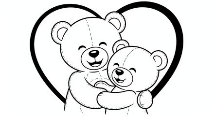 Obraz premium Two cartoon bears hugging inside a heart shape for coloring activity 