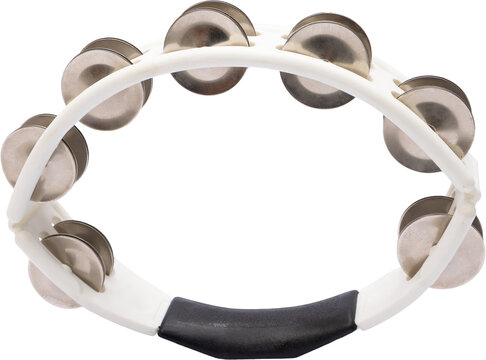 White tambourine with metal jingles isolated on transparent background for product use. Concept of rhythm teaching, dance classes, music promos, school materials, catalog visuals, performance gear.