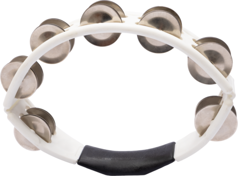 White tambourine with metal jingles isolated on transparent background for product use. Concept of rhythm teaching, dance classes, music promos, school materials, catalog visuals, performance gear.