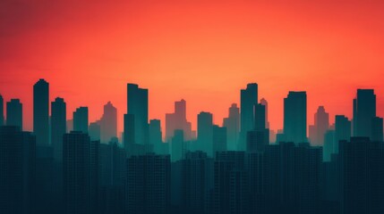Fototapeta premium Film grain for color grading, A striking skyline silhouette against a vibrant sunset, featuring towering skyscrapers and a gradient of warm colors.