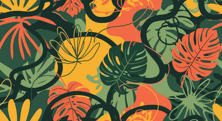 A modern and abstract seamless pattern with tropical leaves like monstera, combined with organic shapes in a warm, earthy color palette.