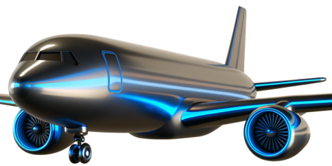 Sleek silver passenger jet with blue neon lights isolated on a transparent background
