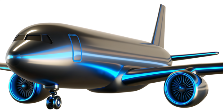 Sleek silver passenger jet with blue neon lights isolated on a transparent background - Powered by Adobe