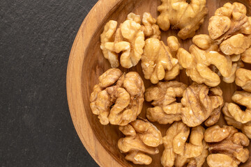 Peeled walnut, top view, macro.