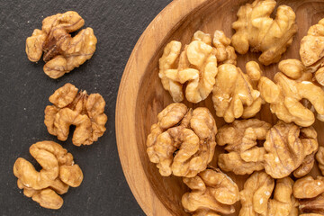 Peeled walnut, top view, macro.