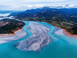 An aerial perspective showcases a vibrant turquoise river delta, revealing complex sandbar patterns that merge with lush green farmland and distant blue mountai