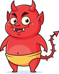 Cute cartoon baby devil with red skin horns a spiky tail and a mischievous grin wearing a yellow diaper