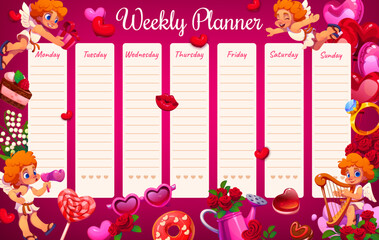 Weekly planner schedule with valentines day characters. Vector romantic organizer template for each day notes and plans with flowers, cherubs, hearts, and love themed decorations on pink background