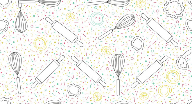 Minimalist seamless baking pattern featuring line art of rolling pins and whisks scattered among colorful sprinkles on a white background.