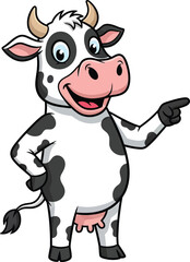Friendly cartoon cow with black spots and pink nose pointing to the right with a happy expression