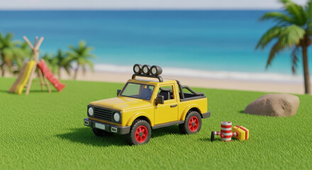 Toy Truck on Tropical Beach, Ready for Summer Adventure and Exploration, Bright Yellow Vehicle and Playful Scene with a Playground