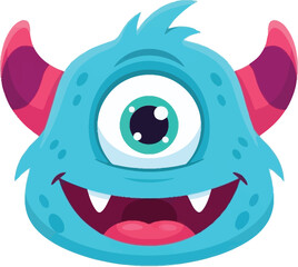Cute friendly blue one eyed cartoon monster with horns and sharp teeth smiling happily on a white background