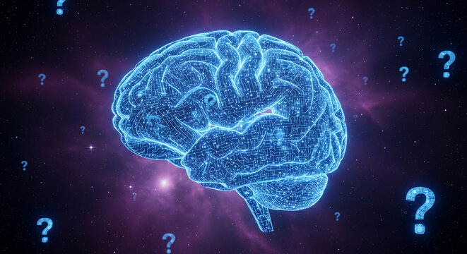 Digital brain with circuit design on a space background with question mark symbol, showing knowledge, data analysis, and thought process concepts - Powered by Adobe