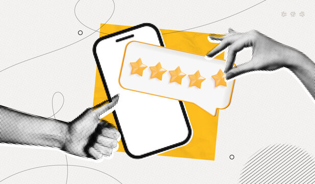 Trendy Halftone Collage Phone with five star rating. Hand with thumb up gesture. Online feedback. Quality review. Best score point to review service. Contemporary vector illustration art