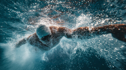 A swimmer cutting through water in freestyle stroke, splashes frozen, underwater clarity, dynamic power, competitive sports style.