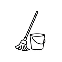 Simple line drawing of a mop and bucket for cleaning