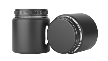 Black jars with screw top lids, perfect for storing a variety of items, isolated on white