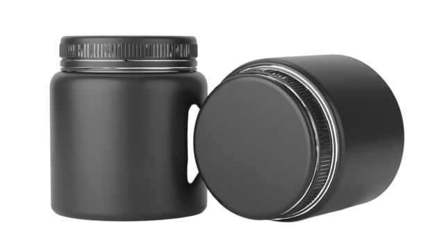 Black jars with screw top lids, perfect for storing a variety of items, isolated on white