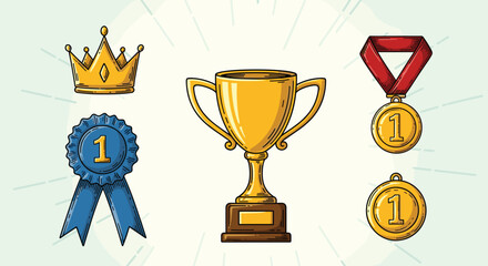 Hand-drawn set of first place awards and trophies, including a gold cup, medals, a crown, and a blue ribbon in a vintage style.