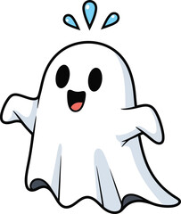 Cute cartoon ghost character with a happy expression and water droplets above its head isolated on a white background