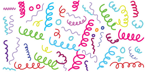 Vibrant Hand-Drawn Curly Line Doodle Pattern, Colorful Swirl and Spiral Decorative Elements on White Background, Playful Abstract Sketch Design Illustration”