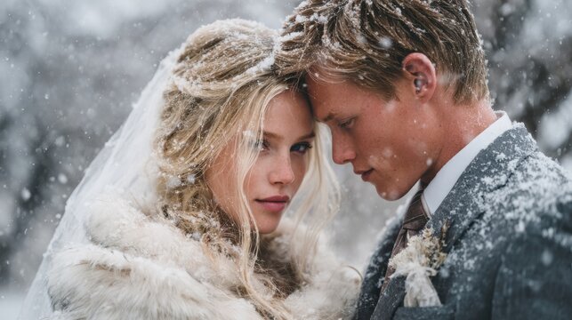 Young bride and groom stand close foreheads touching during romantic snowy winter wedding day