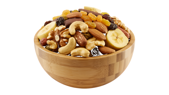 Wooden bowl filled with mixed nuts, dried fruits, and banana slices a healthy snack on white background