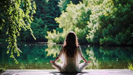 Back view of a woman meditating in nature with reflecting on the lake - Powered by Adobe