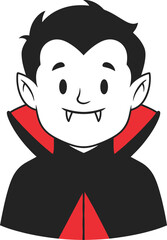 Cute cartoon vampire character with fangs and pointy ears wearing a black cape with red lining for halloween