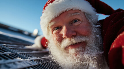 A delighted Santa Claus is captured playfully posing on a snowy rooftop, embodying the joy and nostalgia of the holiday season against a clear blue sky.