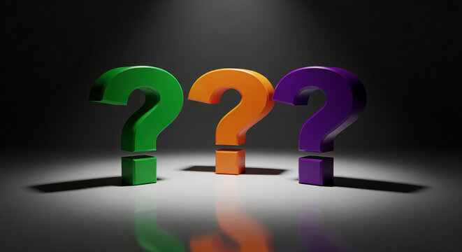 Three colorful question mark symbols, green, orange, purple on a white surface with reflection, representing uncertainty, question, curiosity