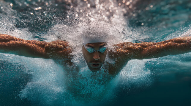 A swimmer performing strong butterfly strokes, water splashing high, muscular motion, underwater clarity, powerful sports moment. - Powered by Adobe