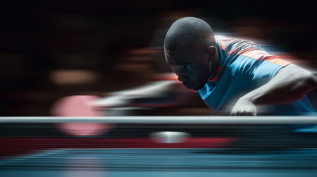 A table tennis player returning a fast ball, paddle motion blur, intense focus, clean indoor table, high-speed sports moment.
