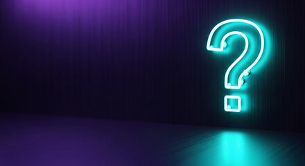 Illuminated teal question mark against blurred purple backdrop, casting reflection, representing doubt, inquiry, or mystery, with blank space on the left