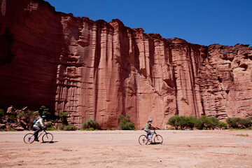 Group of bikers in Talampaya national Park in Argentine.
