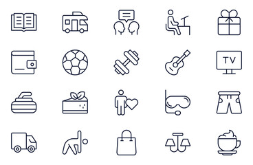 Hobby and recreation linear icons set. Hobbies for children and adults at home and outdoors. Sports, diving, dancing, reading, drawing, music and singing, chess, astronomy, photo and video.