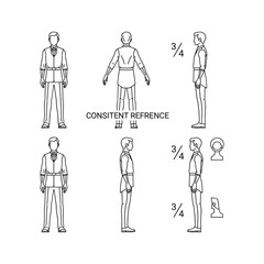 Technical drawing of a male figure shown from multiple angles for consistent reference, isolated on