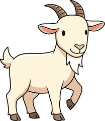Charming cartoon illustration of a friendly light brown goat with horns and a beard standing on a white background