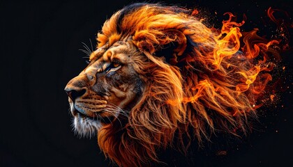 Fiery Lion Head with Profile View, and Dark Background.