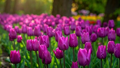 Field of vibrant purple tulips in sunlight.