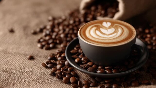 Coffee latte art in black cup with roasted beans on burlap fabric background
