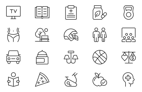 Hobby and recreation linear icons collection. Hobbies for children and adults at home and outdoors. Sports, diving, dancing, reading, drawing, music and singing, chess, astronomy, photo and video.