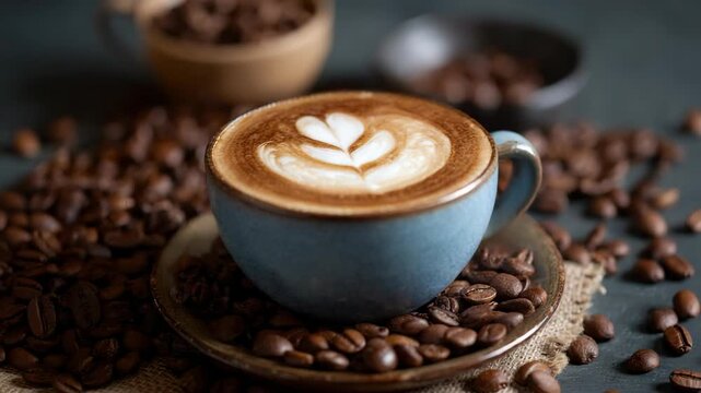 Latte art in blue cup with coffee beans on rustic tabletop