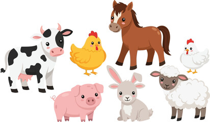 Collection of adorable cartoon farm animals including a cow horse chicken pig sheep and rabbit isolated on white background