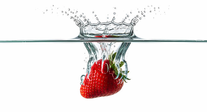 Fresh vibrant strawberry splashing into clear water, creating dynamic ripples and captivating visual impact, perfect for healthy eating or summer refreshment